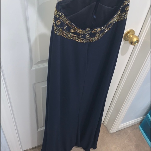 Laura Luxurious Dark Blue Long Dress Open Back with Gold Crystals - Picture 9 of 13
